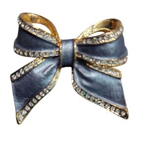 Gold Tone Blue Bow Pin With Rhinestones Vintage Style Elegant 2" Brooch Pre-Owne